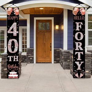 40th Birthday Door Banner Decorations for Women, Rose Gold Happy 40th Birthday Hello Forty Porch Sign Party Supplies, 40 Year Old Bday Decor for Indoor Outdoor