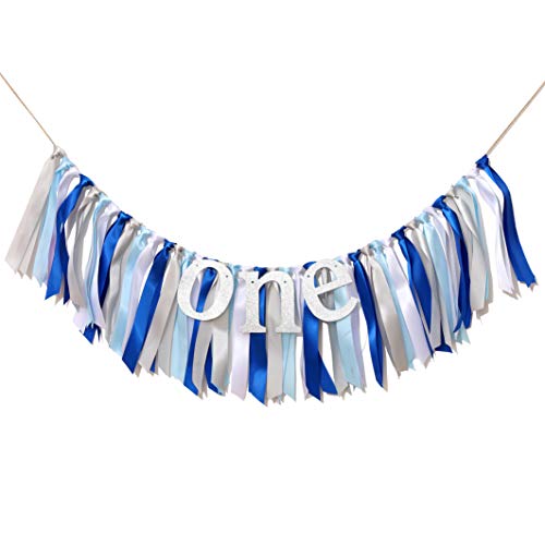 Blue White and Silver High Chair Banner - Baby Boy First Birthday Banner. Smash Cake Photo Props Birthday Party Decoration. 1st Birthday Photo Background. (Blue) (Blue Ribbon Banner)