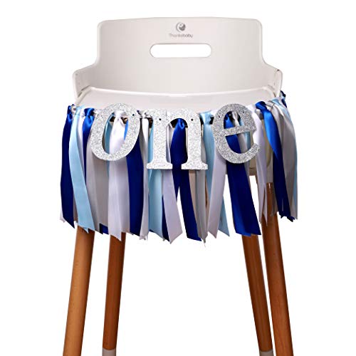 Blue White and Silver High Chair Banner - Baby Boy First Birthday Banner. Smash Cake Photo Props Birthday Party Decoration. 1st Birthday Photo Background. (Blue) (Blue Ribbon Banner)