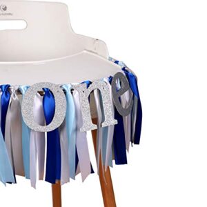 Blue White and Silver High Chair Banner - Baby Boy First Birthday Banner. Smash Cake Photo Props Birthday Party Decoration. 1st Birthday Photo Background. (Blue) (Blue Ribbon Banner)