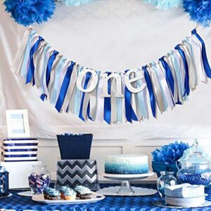 Blue White and Silver High Chair Banner - Baby Boy First Birthday Banner. Smash Cake Photo Props Birthday Party Decoration. 1st Birthday Photo Background. (Blue) (Blue Ribbon Banner)