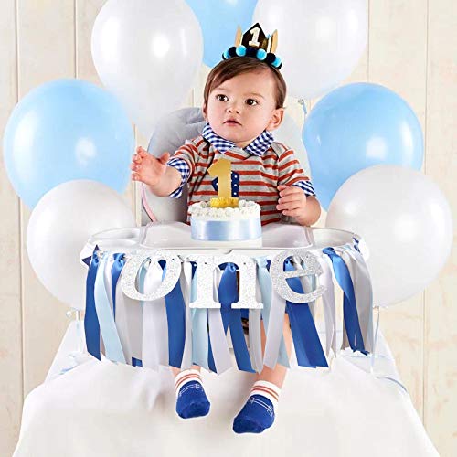 Blue White and Silver High Chair Banner - Baby Boy First Birthday Banner. Smash Cake Photo Props Birthday Party Decoration. 1st Birthday Photo Background. (Blue) (Blue Ribbon Banner)