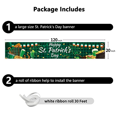 Probsin Happy St. Patrick's Day Banner 120" x 20" Large St Patricks Day Decorations Shamrock Clover Sign Irish Party Hanging Supplies Decor Lucky Holiday with Brass Grommets for Home,Outdoor,Indoor,Yard,Garden