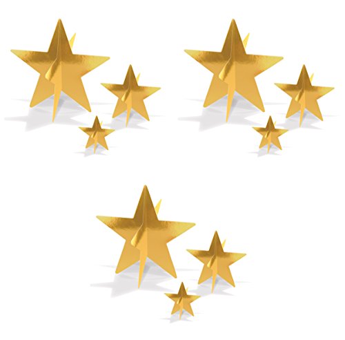 Beistle , 9 Piece 3-D Foil Star Centerpieces, 3" - 8" (Gold)