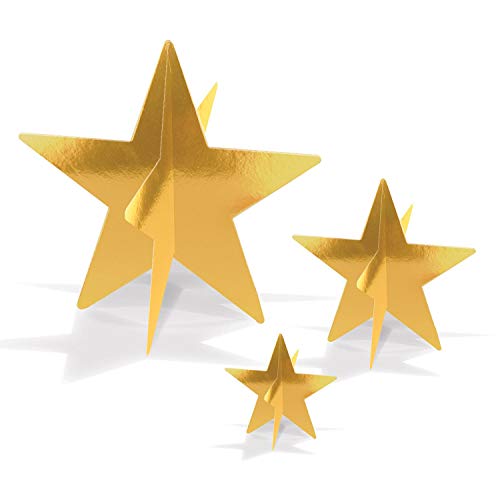 Beistle , 9 Piece 3-D Foil Star Centerpieces, 3" - 8" (Gold)