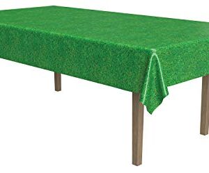 Beistle Disposable Plastic Grass Print Rectangular Tablecloth for Sports Football Theme Birthday Easter Party Supplies, 54"x108", green