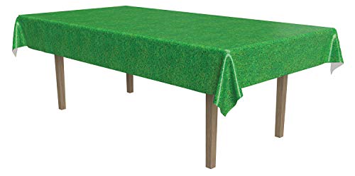 Beistle Disposable Plastic Grass Print Rectangular Tablecloth for Sports Football Theme Birthday Easter Party Supplies, 54"x108", green