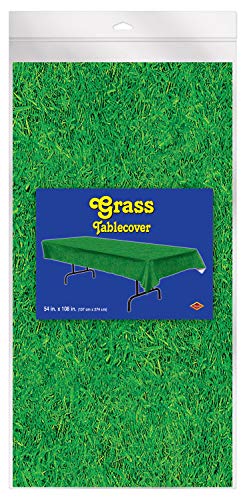 Beistle Disposable Plastic Grass Print Rectangular Tablecloth for Sports Football Theme Birthday Easter Party Supplies, 54"x108", green