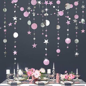 Glitter Pink Silver Circle Dot Garland Twinkle Little Star Decoration Polka Dots Streamer Backdrop Banner Girls Birthday Party Decor/Baby Shower/Wedding/Engagement/Anniversary/Sweet 16/Bridal Shower