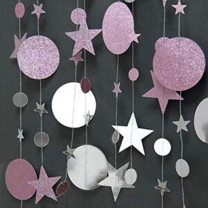 Glitter Pink Silver Circle Dot Garland Twinkle Little Star Decoration Polka Dots Streamer Backdrop Banner Girls Birthday Party Decor/Baby Shower/Wedding/Engagement/Anniversary/Sweet 16/Bridal Shower