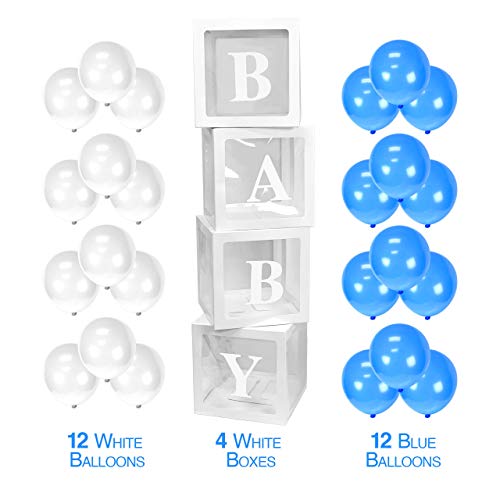 Adorox Baby Balloon Box with 12pc Blue and 12pc White Balloons Baby Shower Boxes Transparent Balloon Box Balloons (Blue)