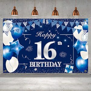 p.g collin happy 16th birthday banner backdrop sign background, 16 birthday party decorations supplies for boys girls 6 x 4ft blue silver