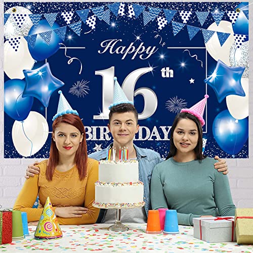 P.G Collin Happy 16th Birthday Banner Backdrop Sign Background, 16 Birthday Party Decorations Supplies for Boys Girls 6 x 4ft Blue Silver