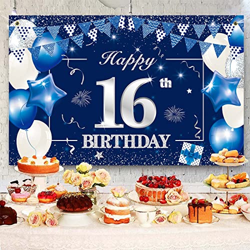 P.G Collin Happy 16th Birthday Banner Backdrop Sign Background, 16 Birthday Party Decorations Supplies for Boys Girls 6 x 4ft Blue Silver