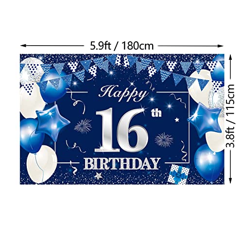 P.G Collin Happy 16th Birthday Banner Backdrop Sign Background, 16 Birthday Party Decorations Supplies for Boys Girls 6 x 4ft Blue Silver