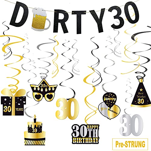 WOJOGO 30th Birthday Decorations Banner & Hanging Swirls for Women Men, Sturdy Black & Gold Glitter Beer Banner, Happy 30th Dirty Birthday Decorations for Him Her, 30 Years Old Birthday Party Supplies