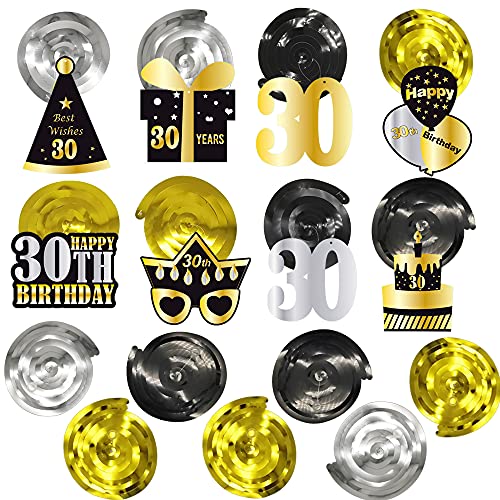 WOJOGO 30th Birthday Decorations Banner & Hanging Swirls for Women Men, Sturdy Black & Gold Glitter Beer Banner, Happy 30th Dirty Birthday Decorations for Him Her, 30 Years Old Birthday Party Supplies