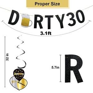 WOJOGO 30th Birthday Decorations Banner & Hanging Swirls for Women Men, Sturdy Black & Gold Glitter Beer Banner, Happy 30th Dirty Birthday Decorations for Him Her, 30 Years Old Birthday Party Supplies