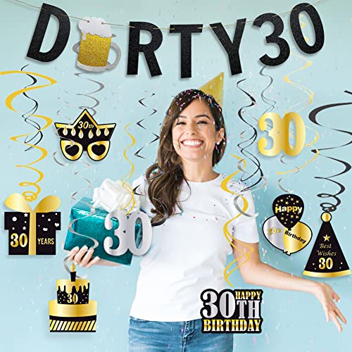 WOJOGO 30th Birthday Decorations Banner & Hanging Swirls for Women Men, Sturdy Black & Gold Glitter Beer Banner, Happy 30th Dirty Birthday Decorations for Him Her, 30 Years Old Birthday Party Supplies