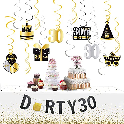 WOJOGO 30th Birthday Decorations Banner & Hanging Swirls for Women Men, Sturdy Black & Gold Glitter Beer Banner, Happy 30th Dirty Birthday Decorations for Him Her, 30 Years Old Birthday Party Supplies