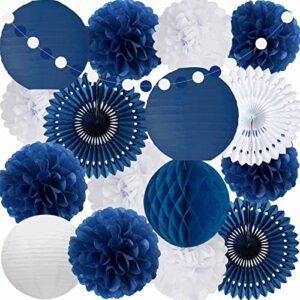 ansomo navy blue and white party decorations for birthday bridal baby shower wedding graduation wall hanging décor tissue pom poms paper fans lanterns