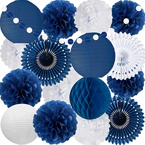 ANSOMO Navy Blue and White Party Decorations for Birthday Bridal Baby Shower Wedding Graduation Wall Hanging Décor Tissue Pom Poms Paper Fans Lanterns