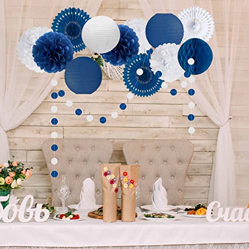 ANSOMO Navy Blue and White Party Decorations for Birthday Bridal Baby Shower Wedding Graduation Wall Hanging Décor Tissue Pom Poms Paper Fans Lanterns