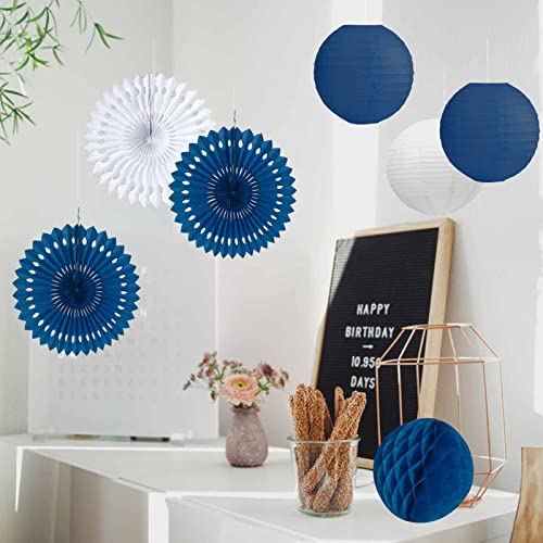 ANSOMO Navy Blue and White Party Decorations for Birthday Bridal Baby Shower Wedding Graduation Wall Hanging Décor Tissue Pom Poms Paper Fans Lanterns