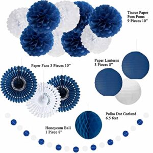 ANSOMO Navy Blue and White Party Decorations for Birthday Bridal Baby Shower Wedding Graduation Wall Hanging Décor Tissue Pom Poms Paper Fans Lanterns