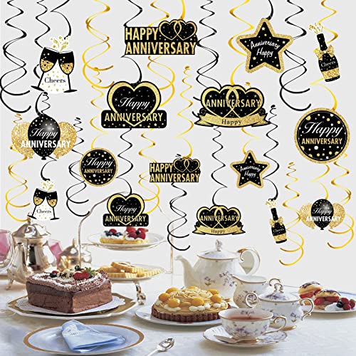 Luxiocio 30Pcs Happy Wedding Anniversary Hanging Swirls Decorations, Black Gold Anniversary Theme Hanging Sign Party Supplies, 10th 20th 25th 30th 40th 50th 60th Anniversary Party Ceiling Decor