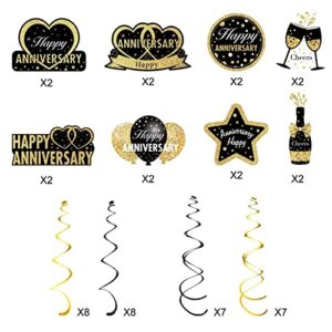 Luxiocio 30Pcs Happy Wedding Anniversary Hanging Swirls Decorations, Black Gold Anniversary Theme Hanging Sign Party Supplies, 10th 20th 25th 30th 40th 50th 60th Anniversary Party Ceiling Decor