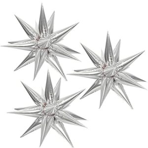 cymylar 3pcs 26inch 3d explosion star foil balloon, silver foil cone starburst balloons for birthday wedding new year party event