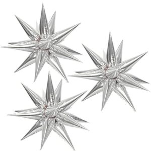 CYMYLAR 3pcs 26inch 3D Explosion Star foil balloon, Silver Foil Cone Starburst Balloons for Birthday Wedding New Year Party Event