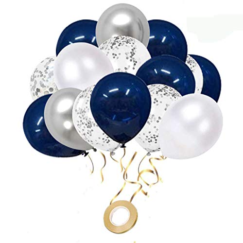 Navy Blue and Silver Confetti Balloons, 50 pcs 12 inch White and Silver Metallic Party Balloons for Birthday Party, Wedding & Anniversary, Graduation, Baby Shower Decoration