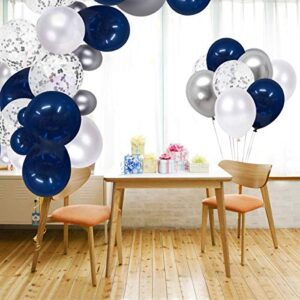 Navy Blue and Silver Confetti Balloons, 50 pcs 12 inch White and Silver Metallic Party Balloons for Birthday Party, Wedding & Anniversary, Graduation, Baby Shower Decoration