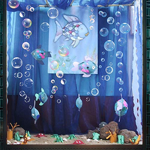 XIAOMAN Transparent Bubble Wall Decal Sticker Cutout Kid's Under The Sea Birthday Party Decor Blue White colour Bubble Ocean Background Water Soap Bath Mermaid Baby Shower (Mixed colors)