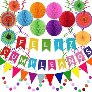 feliz cumpleanos mexican fiesta spanish themed banner paper fans backdrops decorations supplies with colorful paper flowers flag bunting confetti swirl streamers honeycomb ball for birthday party for adults women, men, girls & boys.