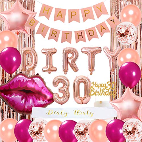 30th Birthday Decorations for Women Rose Gold Dirty 30 Balloons Dirty Thirty Sash for Her 30 Years Old Party Supplies