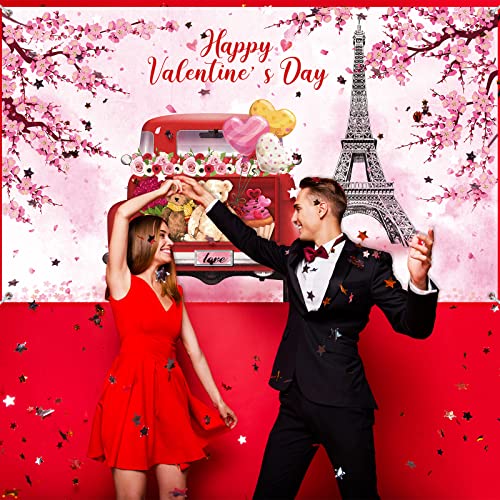 72.83 x 43.31 inch Valentine's Day Backdrop Banner Happy Valentine's Day Photography Props Backdrop Large Fabric Pink Flowers Trees Paris Eiffel Tower Banner for Valentines Party Supplies and Decor