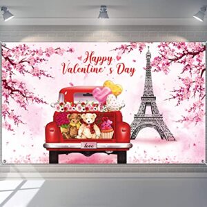 72.83 x 43.31 inch Valentine's Day Backdrop Banner Happy Valentine's Day Photography Props Backdrop Large Fabric Pink Flowers Trees Paris Eiffel Tower Banner for Valentines Party Supplies and Decor