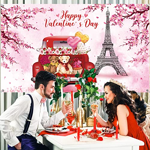 72.83 x 43.31 inch Valentine's Day Backdrop Banner Happy Valentine's Day Photography Props Backdrop Large Fabric Pink Flowers Trees Paris Eiffel Tower Banner for Valentines Party Supplies and Decor