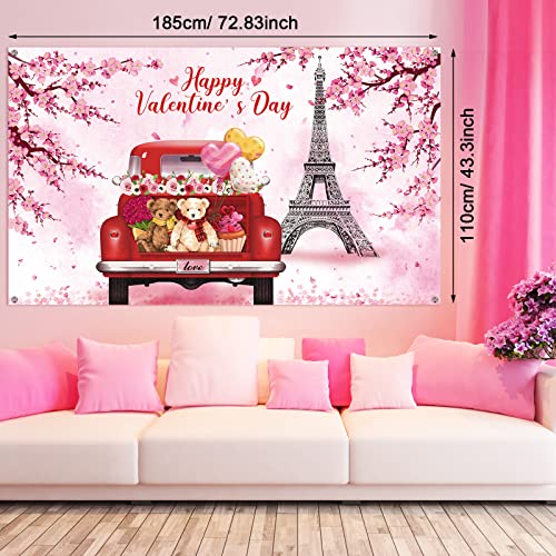 72.83 x 43.31 inch Valentine's Day Backdrop Banner Happy Valentine's Day Photography Props Backdrop Large Fabric Pink Flowers Trees Paris Eiffel Tower Banner for Valentines Party Supplies and Decor