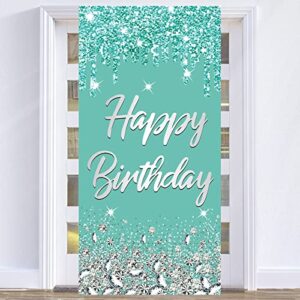 teal silver birthday door banner decorations, breakfast blue birthday theme sign decor for girl women, sweet 16 18th 21st 30th 40th 50th 60th birthday party supplies