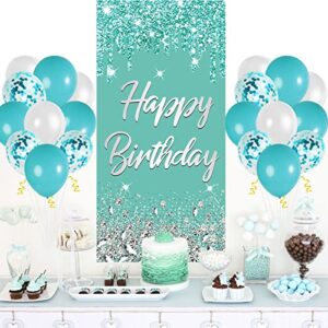 Teal Silver Birthday Door Banner Decorations, Breakfast Blue Birthday Theme Sign Decor for Girl Women, Sweet 16 18th 21st 30th 40th 50th 60th Birthday Party Supplies