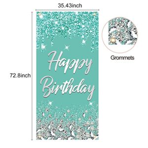 Teal Silver Birthday Door Banner Decorations, Breakfast Blue Birthday Theme Sign Decor for Girl Women, Sweet 16 18th 21st 30th 40th 50th 60th Birthday Party Supplies