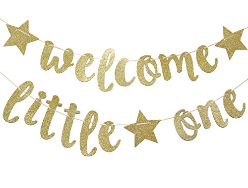 Welcome Little One Glitter Gold Banner, Baby Shower, Gender Reveal Party , Glitter Party Decor (Gold)