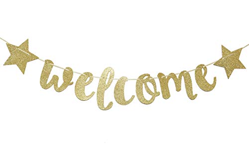 Welcome Little One Glitter Gold Banner, Baby Shower, Gender Reveal Party , Glitter Party Decor (Gold)