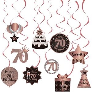 happy 70th birthday party hanging swirls streams ceiling decorations, celebration 70 foil hanging swirls with cutouts for 70 years old rose gold birthday party decorations supplies