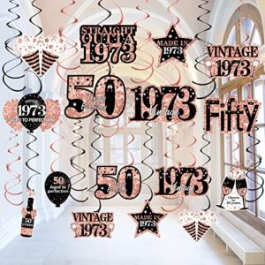 30pcs 50th birthday decorations hanging swirls for women, rose gold vintage 1973 50th birthday foil swirls party supplies, fifty year old birthday ceiling hanging decorations