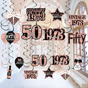 30pcs 50th Birthday Decorations Hanging Swirls for Women, Rose Gold Vintage 1973 50th Birthday Foil Swirls Party Supplies, Fifty Year Old Birthday Ceiling Hanging Decorations